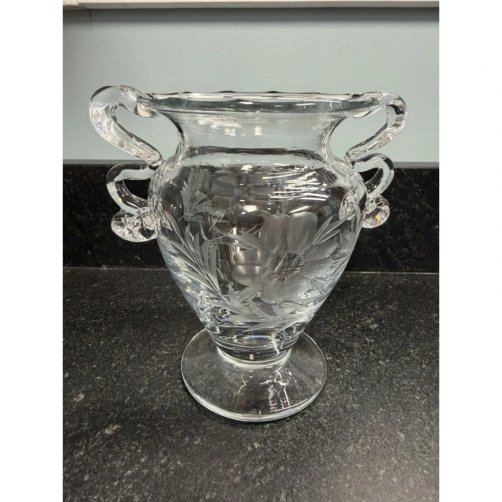 Vintage Bohemian Czech Hand Blown Etched Crystal Vase Urn 4 Handles 6.5